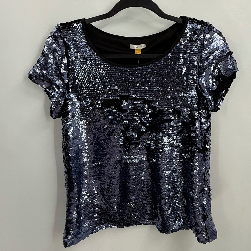 Leifsdottir Anthropologie Navy Blue Sequin Short Sleeve Scoop Neck Top NWT Small
